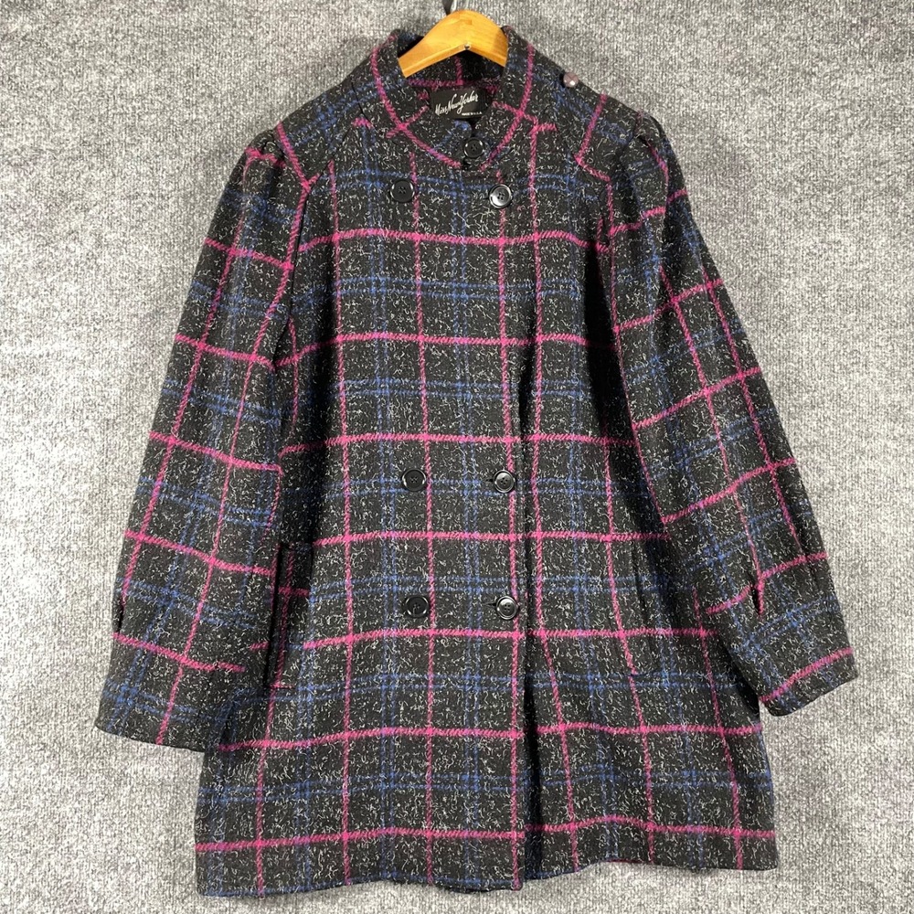Vintage Miss New Yorker Coat Womens Large Black Pink Plaid Double Breasted 90s